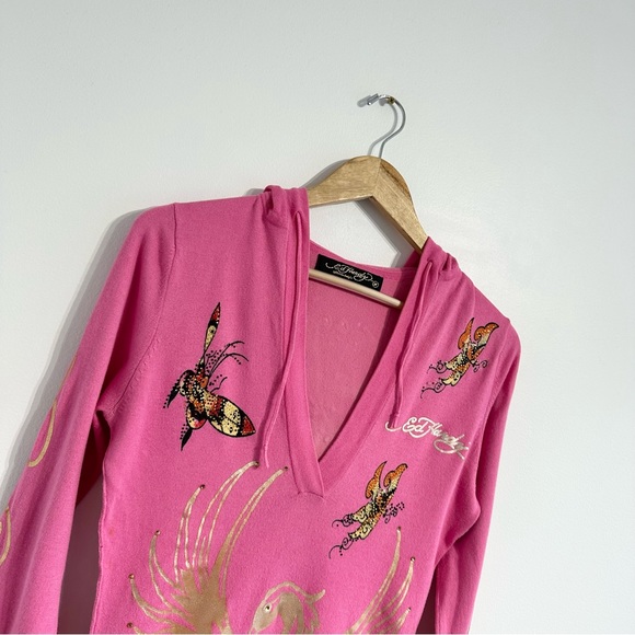 Ed Hardy Hooded tunic top pink tattoo Phoenix jersey knit 3/4 sleeves - Picture 4 of 17
